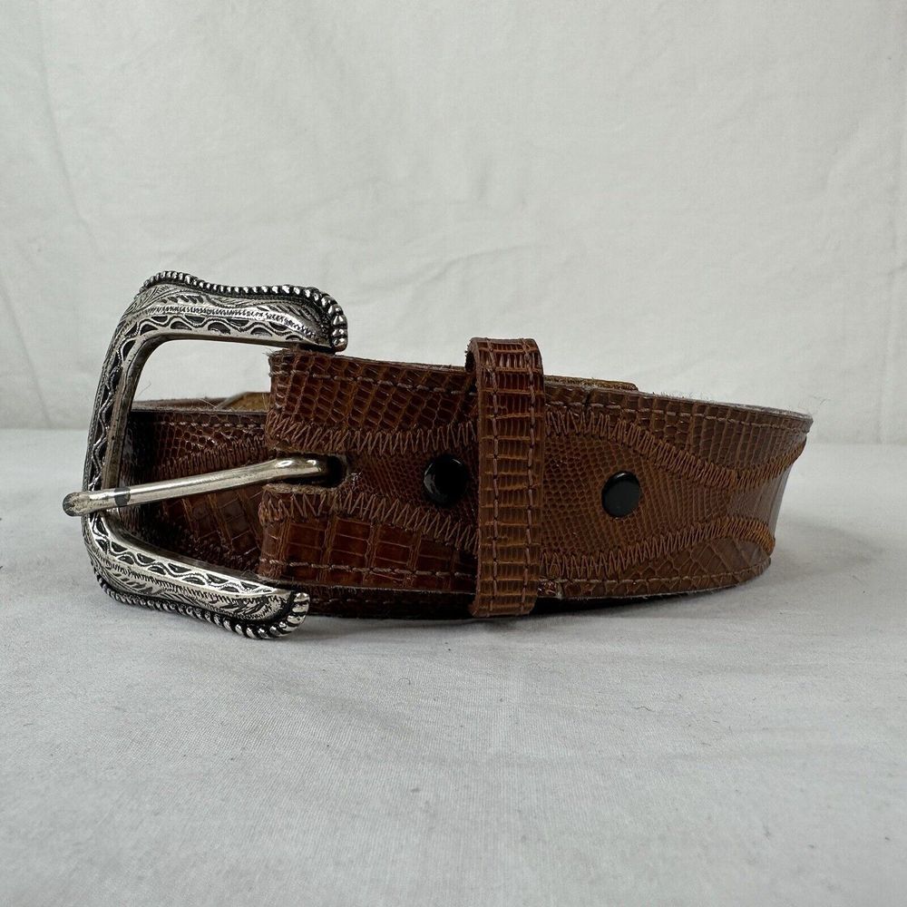 Men's Nocona Lizard Brown Leather Belt Sz 46 D562 Diamond Vintage Western Buckle